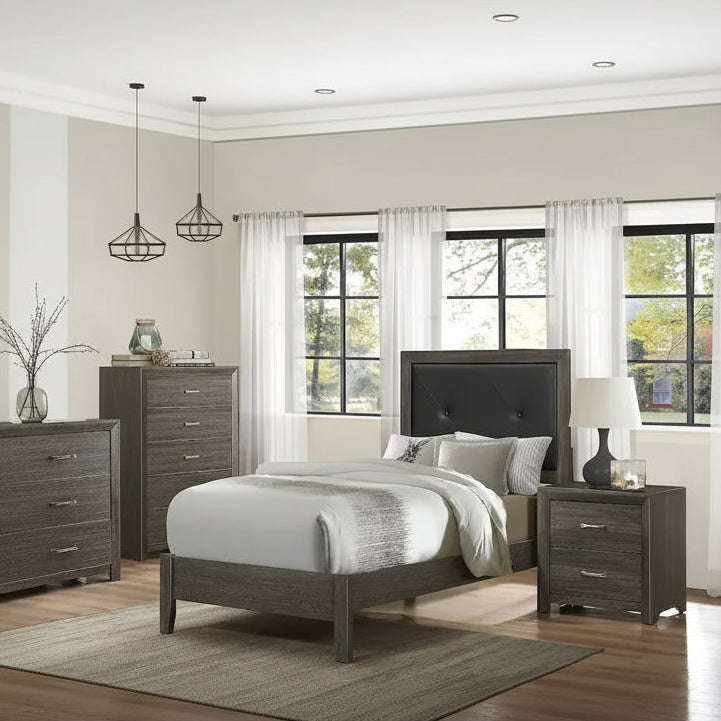 Set Camera da Letto Contemporaneo 3 Pezzi Letto Comodino Cassettiera Finitura Grigio Scuro