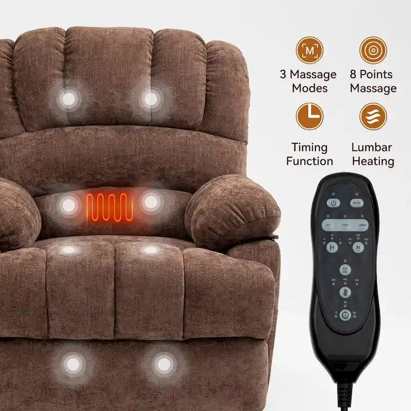 Divano reclinabile grande in ciniglia con alzapersona elettrico, massaggio e calore, porta USB, tasche