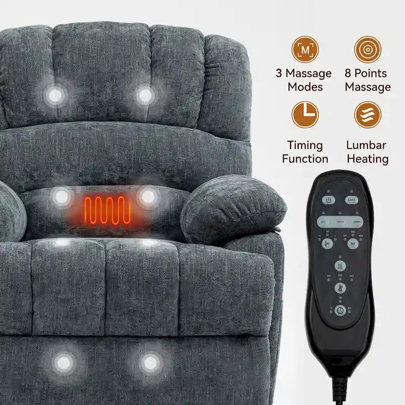 Divano reclinabile grande in ciniglia con alzapersona elettrico, massaggio e calore, porta USB, tasche
