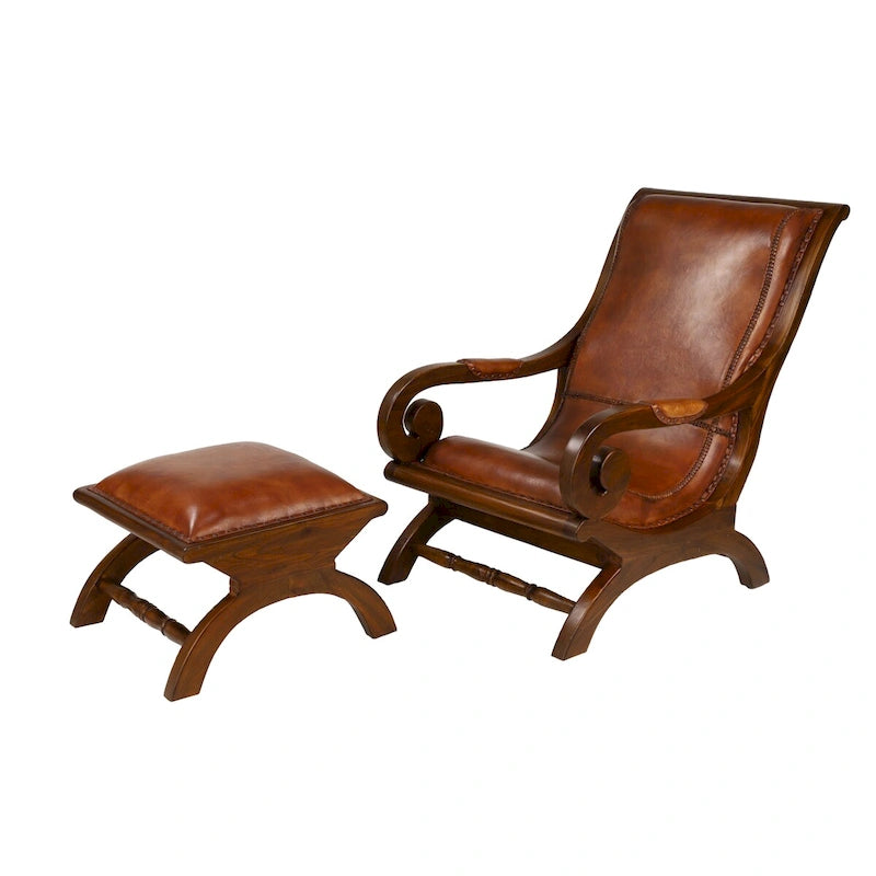 Poltrona d'accento in legno di Teak fatta a mano e rivestita in pelle con poggiapiedi - Marrone o Nera
