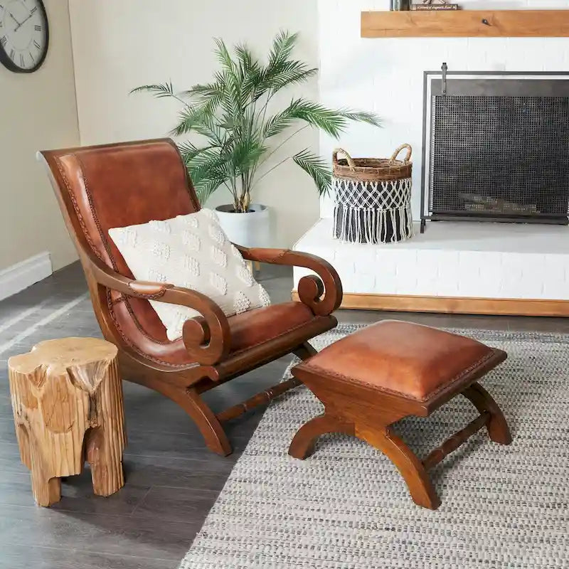 Poltrona d'accento in legno di Teak fatta a mano e rivestita in pelle con poggiapiedi - Marrone o Nera