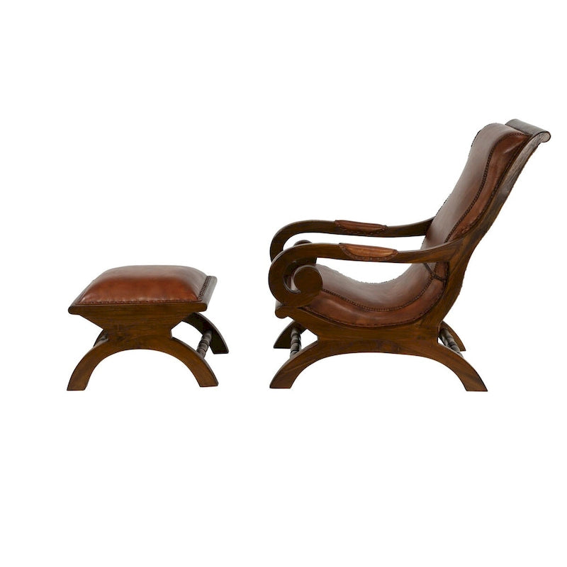 Poltrona d'accento in legno di Teak fatta a mano e rivestita in pelle con poggiapiedi - Marrone o Nera