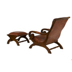 Poltrona d'accento in legno di Teak fatta a mano e rivestita in pelle con poggiapiedi - Marrone o Nera