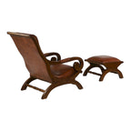 Poltrona d'accento in legno di Teak fatta a mano e rivestita in pelle con poggiapiedi - Marrone o Nera