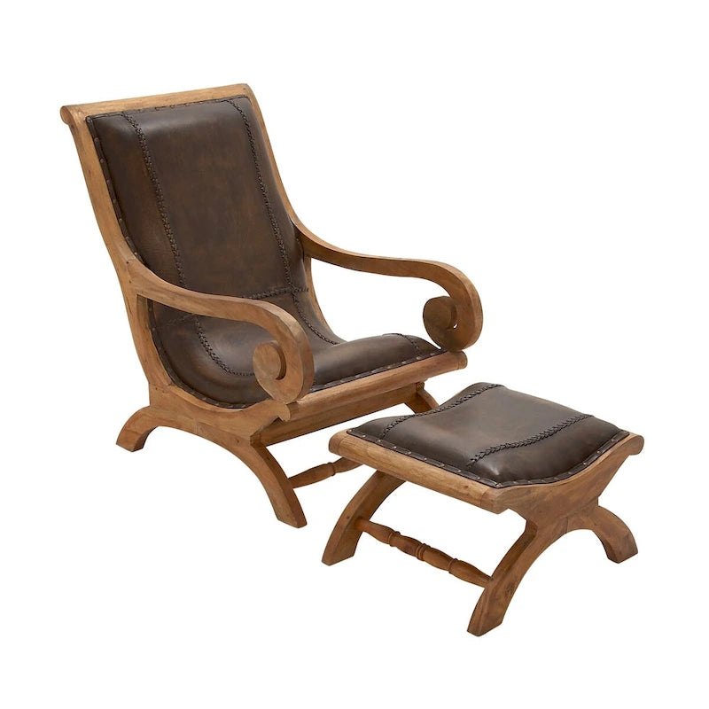 Poltrona d'accento in legno di Teak fatta a mano e rivestita in pelle con poggiapiedi - Marrone o Nera