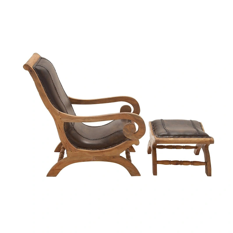 Poltrona d'accento in legno di Teak fatta a mano e rivestita in pelle con poggiapiedi - Marrone o Nera