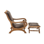 Poltrona d'accento in legno di Teak fatta a mano e rivestita in pelle con poggiapiedi - Marrone o Nera