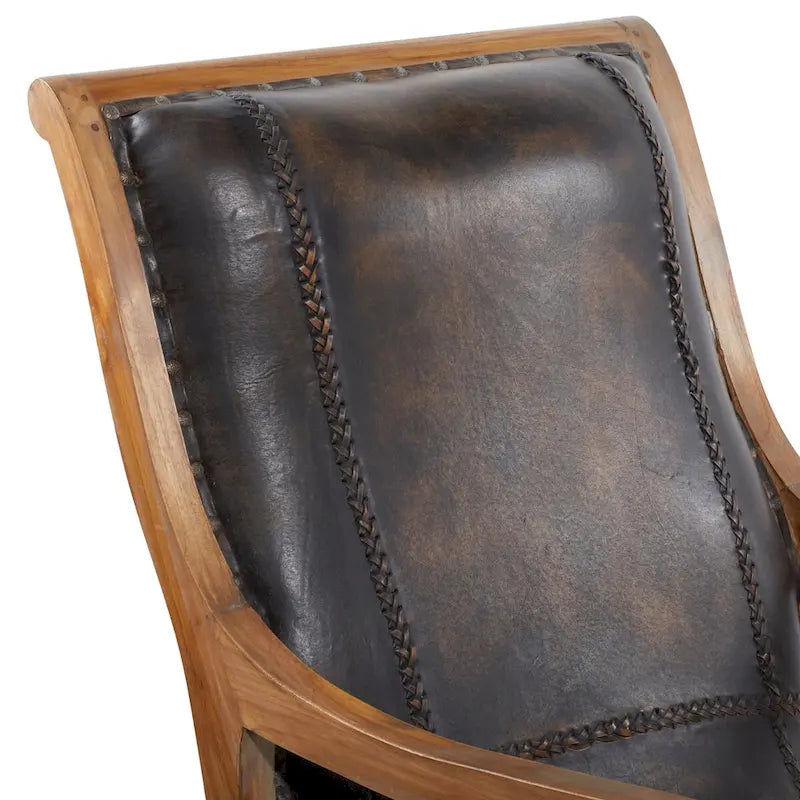 Poltrona d'accento in legno di Teak fatta a mano e rivestita in pelle con poggiapiedi - Marrone o Nera