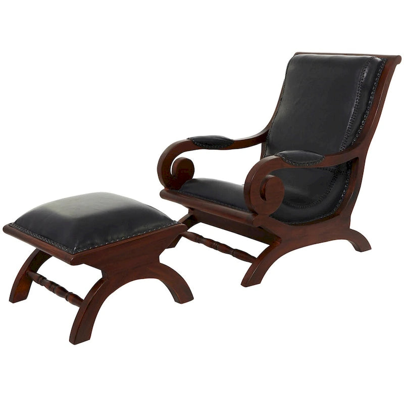 Poltrona d'accento in legno di Teak fatta a mano e rivestita in pelle con poggiapiedi - Marrone o Nera