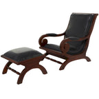 Poltrona d'accento in legno di Teak fatta a mano e rivestita in pelle con poggiapiedi - Marrone o Nera