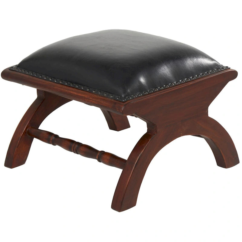 Poltrona d'accento in legno di Teak fatta a mano e rivestita in pelle con poggiapiedi - Marrone o Nera