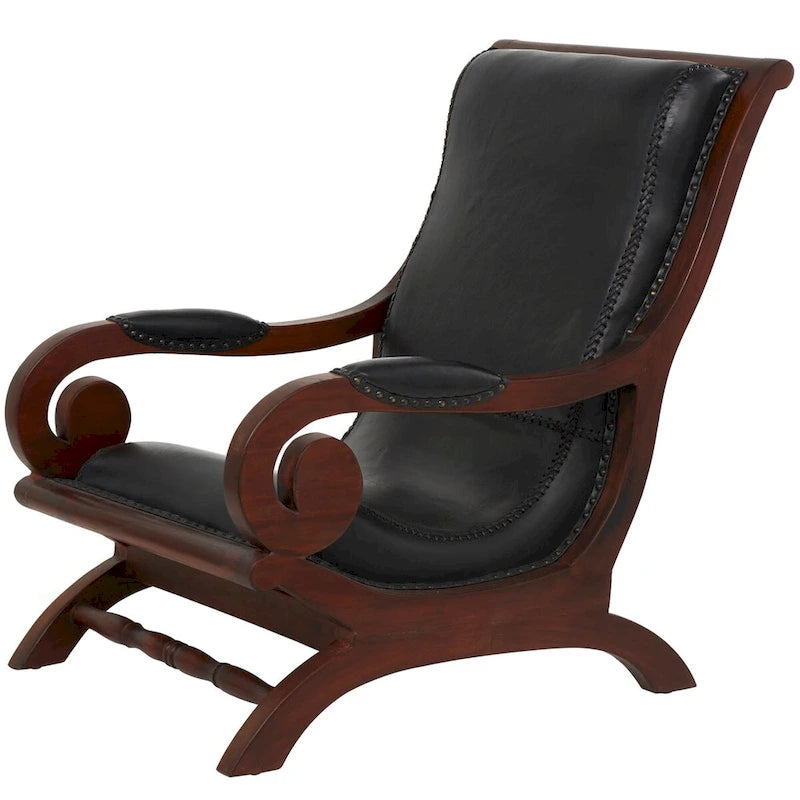 Poltrona d'accento in legno di Teak fatta a mano e rivestita in pelle con poggiapiedi - Marrone o Nera