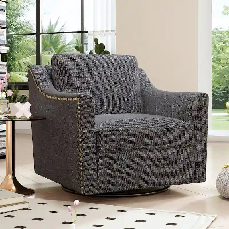 Poltrona girevole a 360 gradi, in tessuto cotone lino, design ergonomico, chiodi decorativi in ottone, gambe nere, adatta per il soggiorno