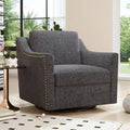 Poltrona girevole a 360 gradi, in tessuto cotone lino, design ergonomico, chiodi decorativi in ottone, gambe nere, adatta per il soggiorno