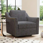 Poltrona girevole a 360 gradi, in tessuto cotone lino, design ergonomico, chiodi decorativi in ottone, gambe nere, adatta per il soggiorno