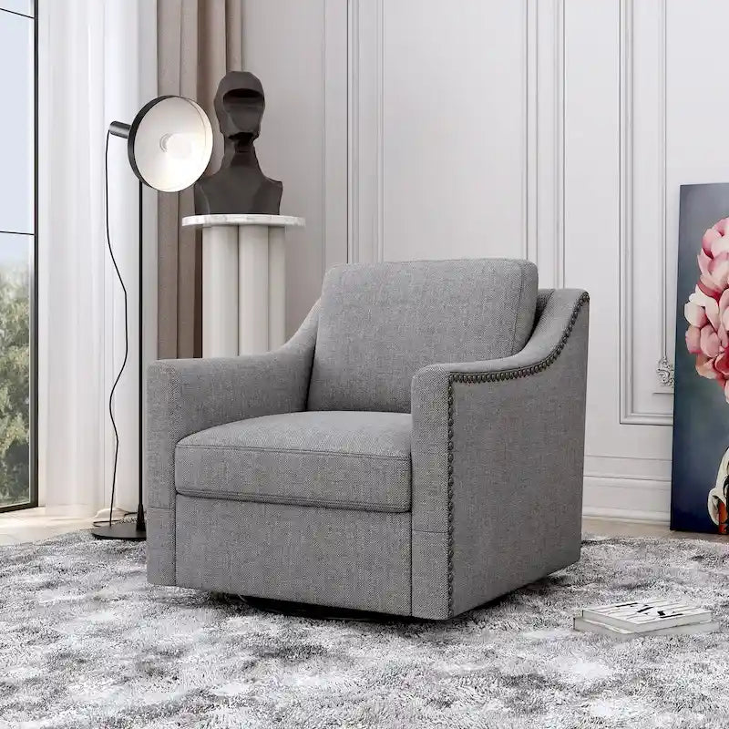 Poltrona girevole a 360 gradi, in tessuto cotone lino, design ergonomico, chiodi decorativi in ottone, gambe nere, adatta per il soggiorno