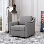 Poltrona girevole a 360 gradi, in tessuto cotone lino, design ergonomico, chiodi decorativi in ottone, gambe nere, adatta per il soggiorno