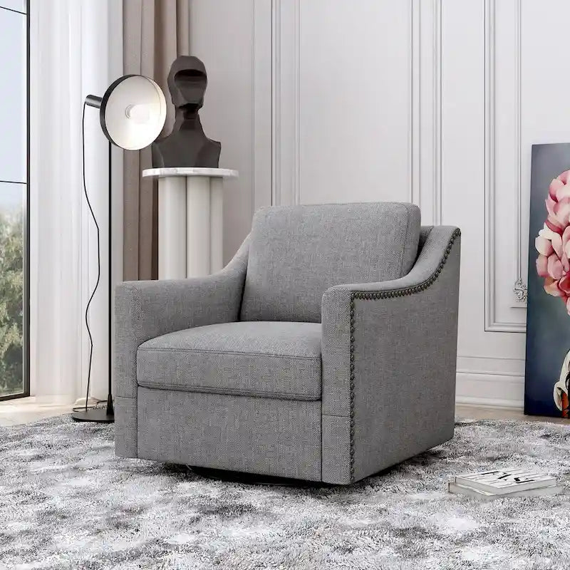 Poltrona girevole a 360 gradi, in tessuto cotone lino, design ergonomico, chiodi decorativi in ottone, gambe nere, adatta per il soggiorno