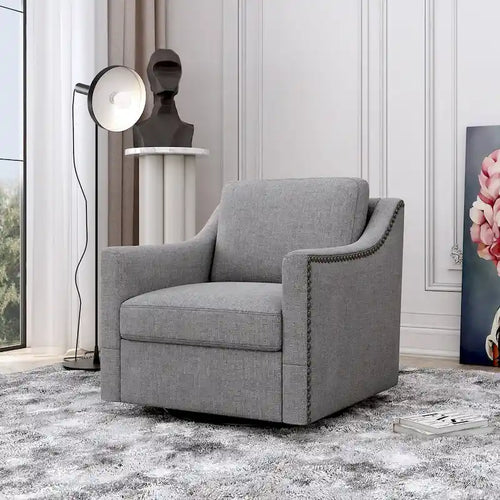 Poltrona girevole a 360 gradi, in tessuto cotone lino, design ergonomico, chiodi decorativi in ottone, gambe nere, adatta per il soggiorno