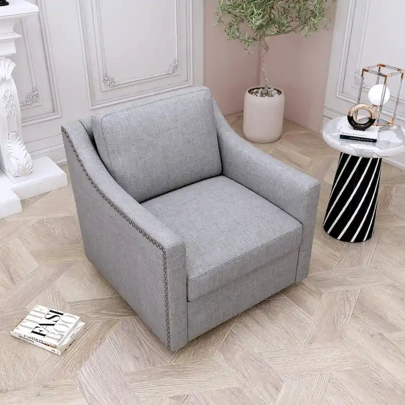 Poltrona girevole a 360 gradi, in tessuto cotone lino, design ergonomico, chiodi decorativi in ottone, gambe nere, adatta per il soggiorno
