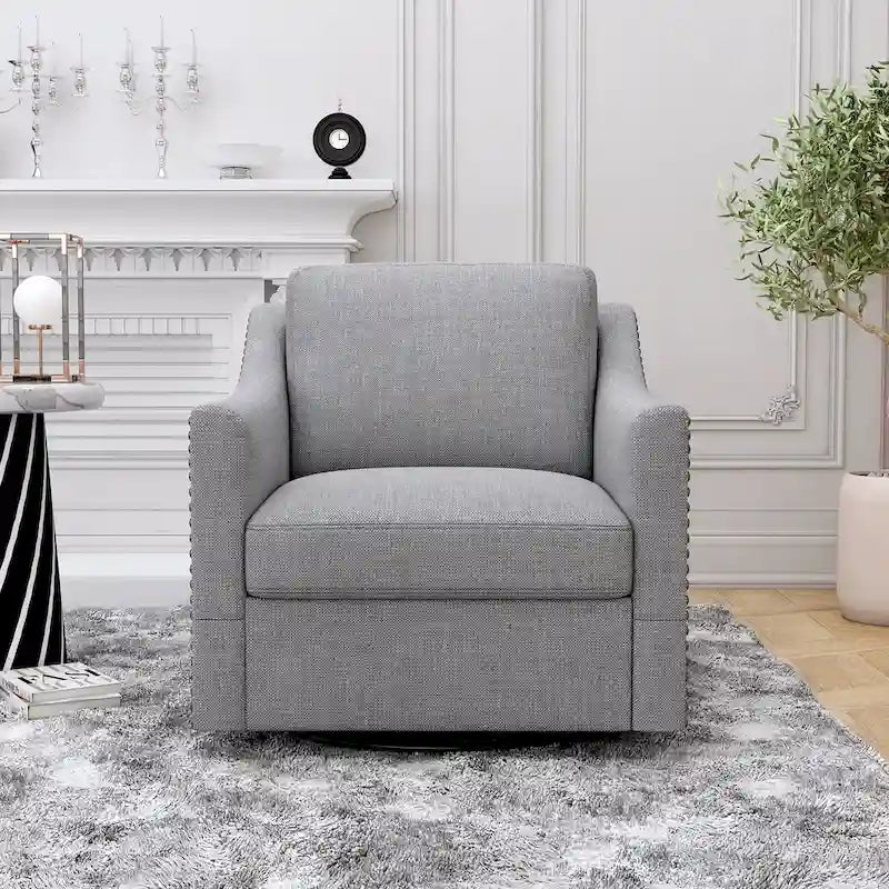 Poltrona girevole a 360 gradi, in tessuto cotone lino, design ergonomico, chiodi decorativi in ottone, gambe nere, adatta per il soggiorno