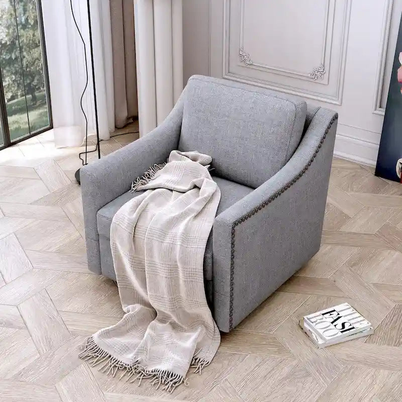 Poltrona girevole a 360 gradi, in tessuto cotone lino, design ergonomico, chiodi decorativi in ottone, gambe nere, adatta per il soggiorno
