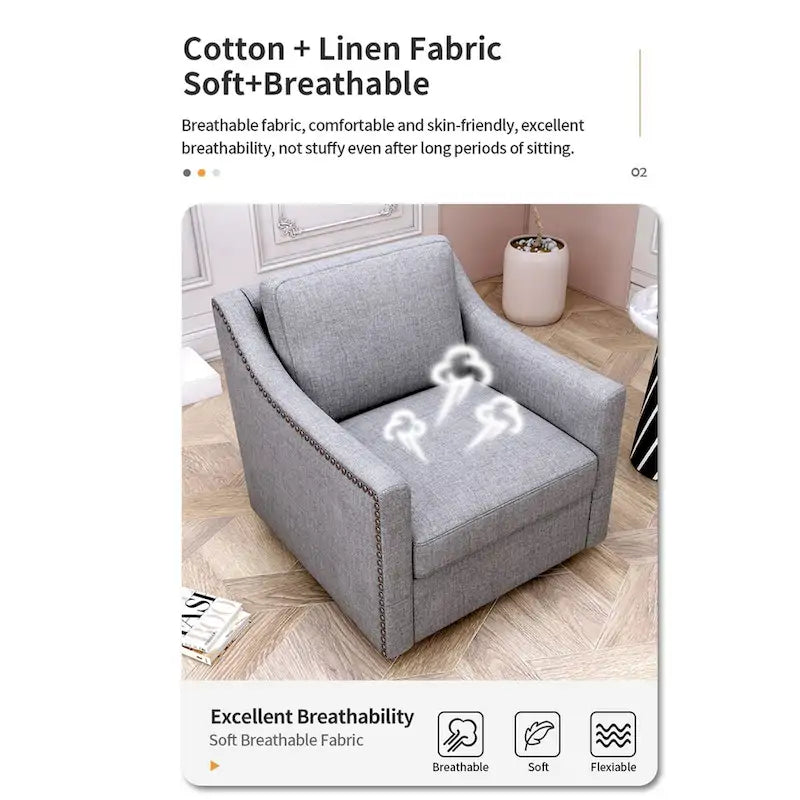 Poltrona girevole a 360 gradi, in tessuto cotone lino, design ergonomico, chiodi decorativi in ottone, gambe nere, adatta per il soggiorno