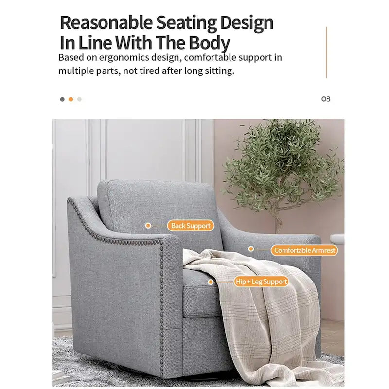 Poltrona girevole a 360 gradi, in tessuto cotone lino, design ergonomico, chiodi decorativi in ottone, gambe nere, adatta per il soggiorno