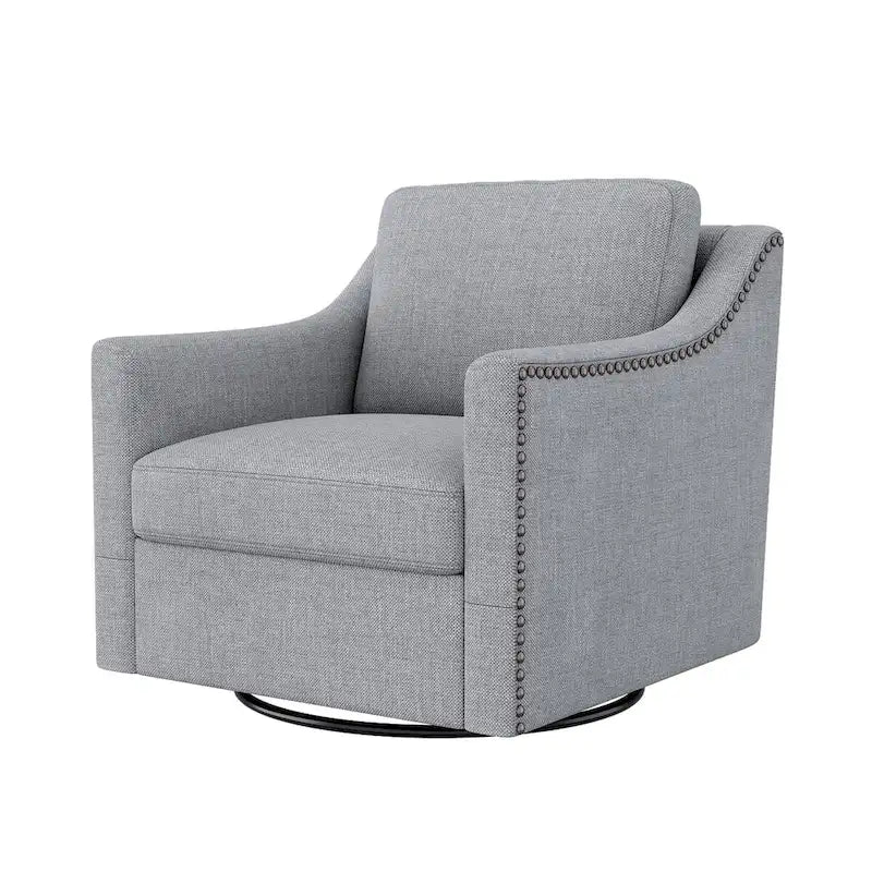 Poltrona girevole a 360 gradi, in tessuto cotone lino, design ergonomico, chiodi decorativi in ottone, gambe nere, adatta per il soggiorno