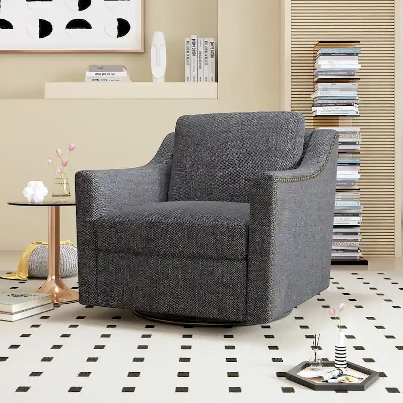 Poltrona girevole a 360 gradi, in tessuto cotone lino, design ergonomico, chiodi decorativi in ottone, gambe nere, adatta per il soggiorno