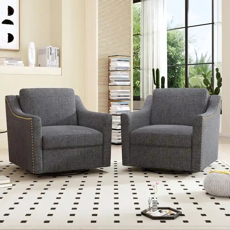 Poltrona girevole a 360 gradi, in tessuto cotone lino, design ergonomico, chiodi decorativi in ottone, gambe nere, adatta per il soggiorno