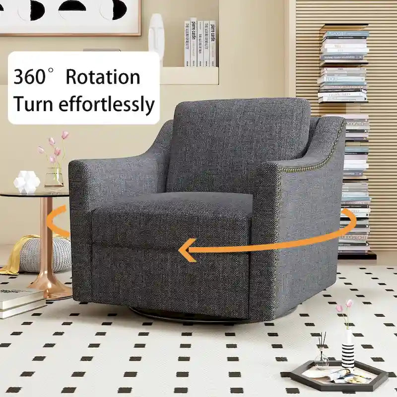 Poltrona girevole a 360 gradi, in tessuto cotone lino, design ergonomico, chiodi decorativi in ottone, gambe nere, adatta per il soggiorno