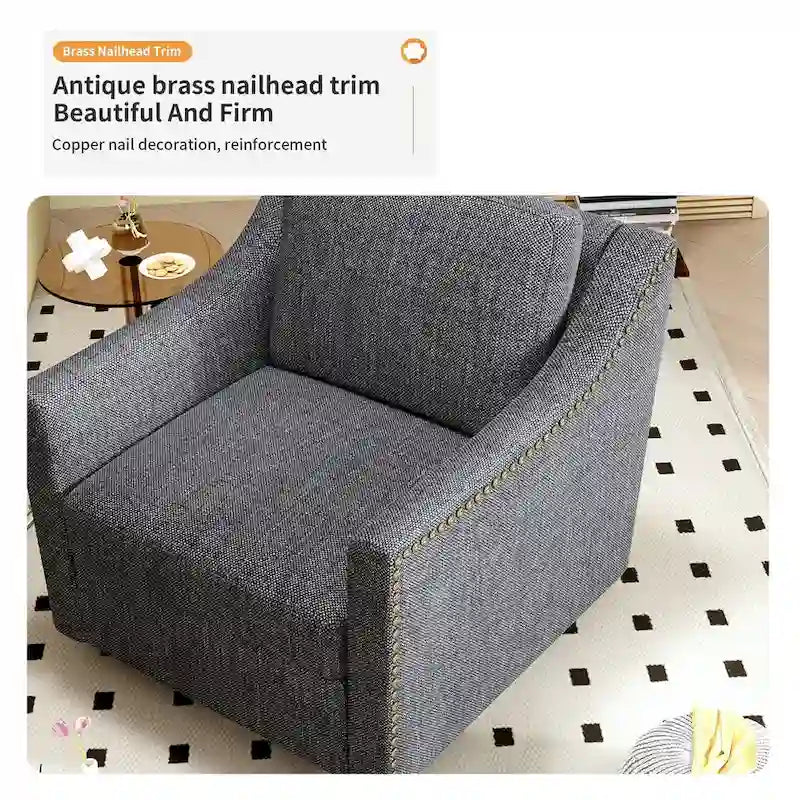 Poltrona girevole a 360 gradi, in tessuto cotone lino, design ergonomico, chiodi decorativi in ottone, gambe nere, adatta per il soggiorno