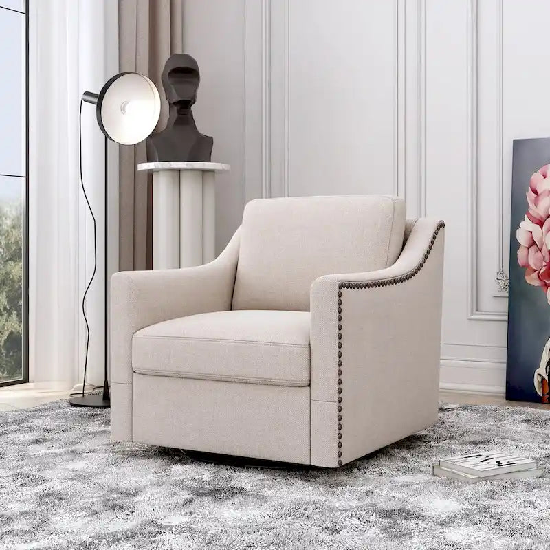 Poltrona girevole a 360 gradi, in tessuto cotone lino, design ergonomico, chiodi decorativi in ottone, gambe nere, adatta per il soggiorno