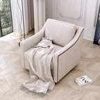 Poltrona girevole a 360 gradi, in tessuto cotone lino, design ergonomico, chiodi decorativi in ottone, gambe nere, adatta per il soggiorno