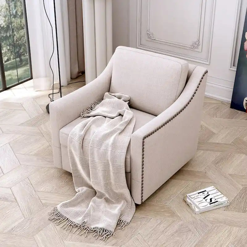 Poltrona girevole a 360 gradi, in tessuto cotone lino, design ergonomico, chiodi decorativi in ottone, gambe nere, adatta per il soggiorno