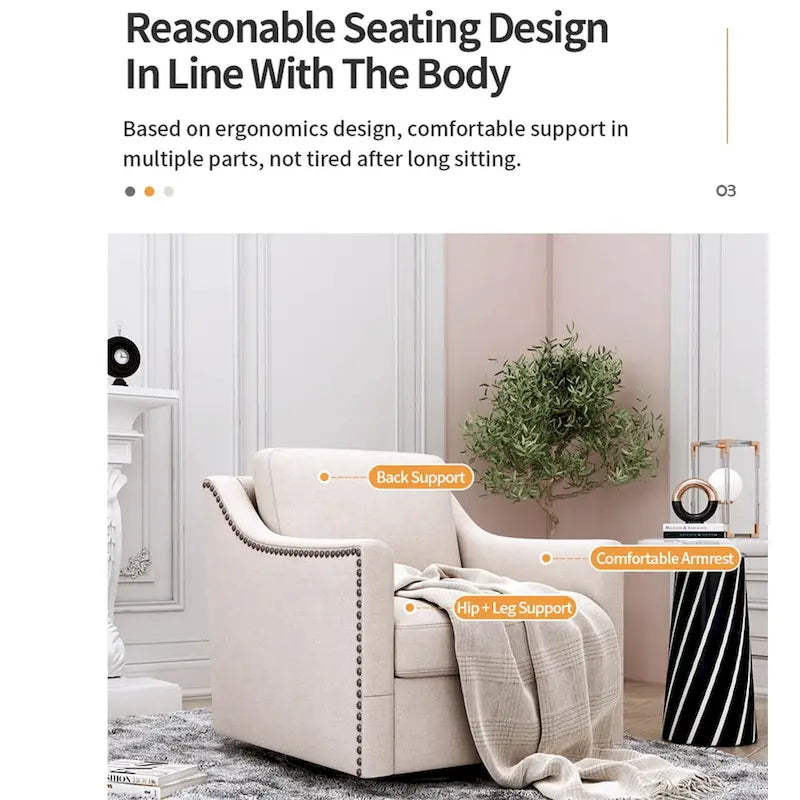 Poltrona girevole a 360 gradi, in tessuto cotone lino, design ergonomico, chiodi decorativi in ottone, gambe nere, adatta per il soggiorno