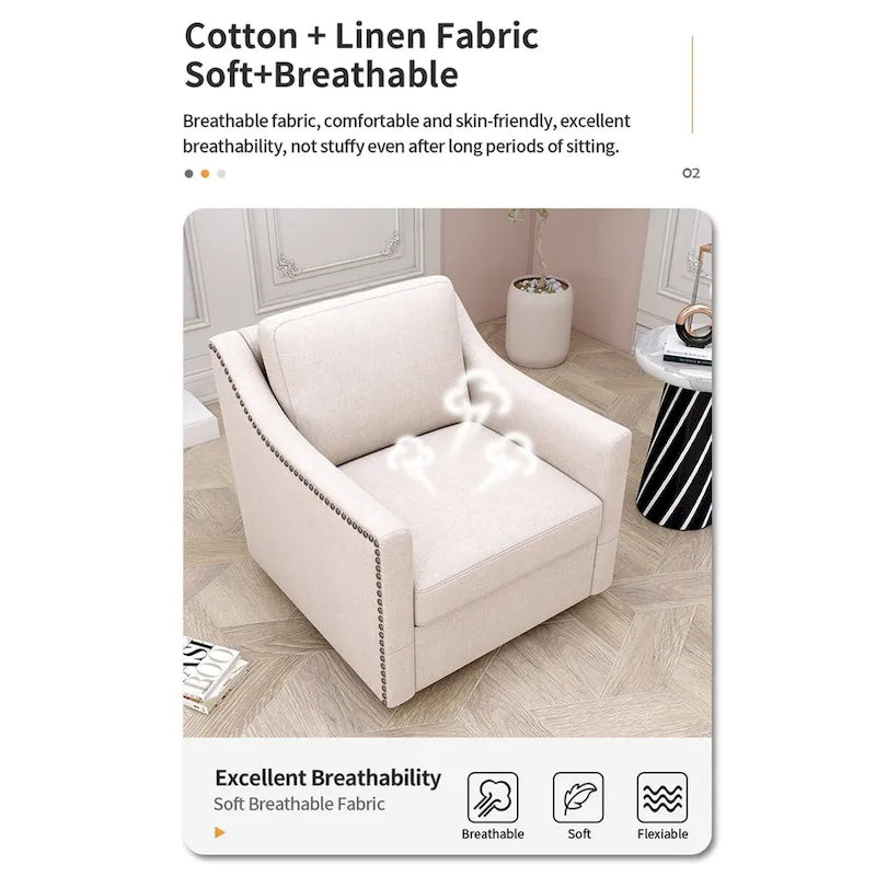 Poltrona girevole a 360 gradi, in tessuto cotone lino, design ergonomico, chiodi decorativi in ottone, gambe nere, adatta per il soggiorno