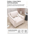 Poltrona girevole a 360 gradi, in tessuto cotone lino, design ergonomico, chiodi decorativi in ottone, gambe nere, adatta per il soggiorno