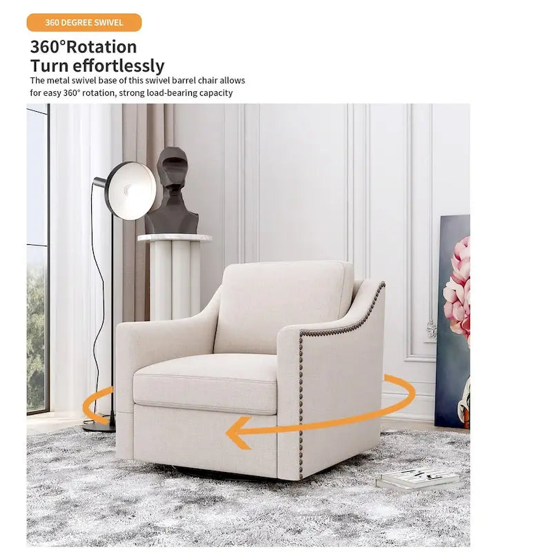 Poltrona girevole a 360 gradi, in tessuto cotone lino, design ergonomico, chiodi decorativi in ottone, gambe nere, adatta per il soggiorno