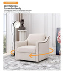 Poltrona girevole a 360 gradi, in tessuto cotone lino, design ergonomico, chiodi decorativi in ottone, gambe nere, adatta per il soggiorno