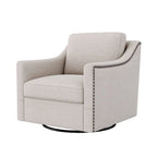 Poltrona girevole a 360 gradi, in tessuto cotone lino, design ergonomico, chiodi decorativi in ottone, gambe nere, adatta per il soggiorno