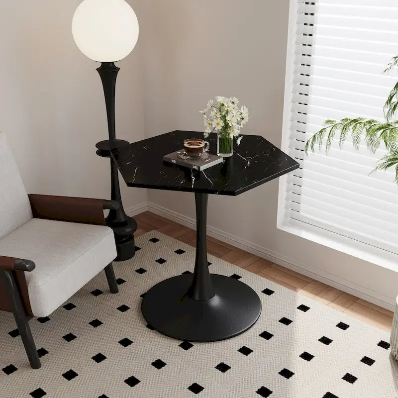 31.50 Tavolino moderno esagonale con piano in marmo stampato e base in metallo per sala da pranzo, cucina e soggiorno
