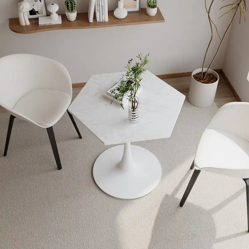 31.50 Tavolino moderno esagonale con piano in marmo stampato e base in metallo per sala da pranzo, cucina e soggiorno