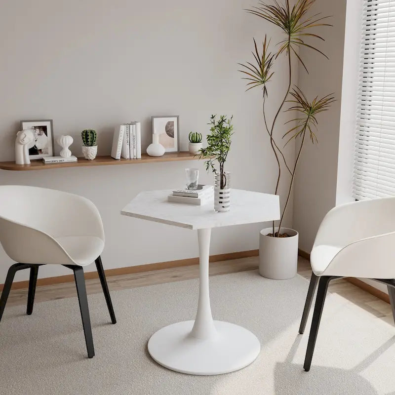 31.50 Tavolino moderno esagonale con piano in marmo stampato e base in metallo per sala da pranzo, cucina e soggiorno
