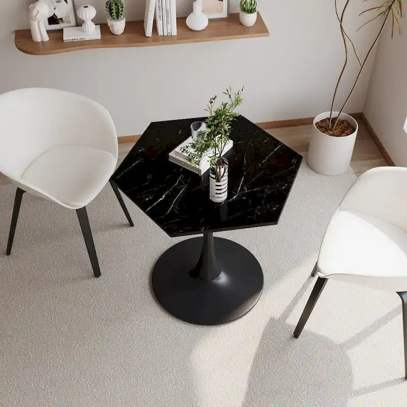 31.50 Tavolino moderno esagonale con piano in marmo stampato e base in metallo per sala da pranzo, cucina e soggiorno