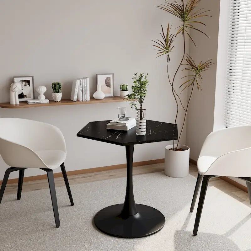 31.50 Tavolino moderno esagonale con piano in marmo stampato e base in metallo per sala da pranzo, cucina e soggiorno