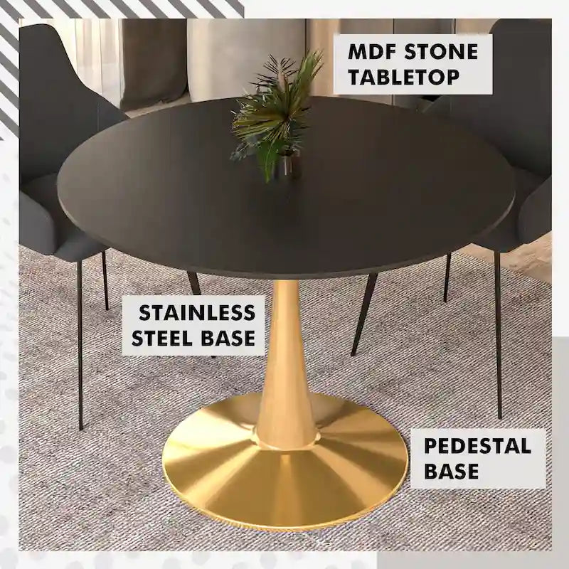 Tavolo da pranzo rotondo Bristol 40 per 4 persone con piano in MDF e base in acciaio dorato per cucina e sala da pranzo