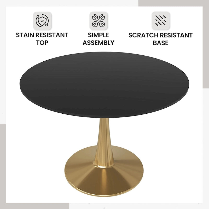 Tavolo da pranzo rotondo Bristol 40 per 4 persone con piano in MDF e base in acciaio dorato per cucina e sala da pranzo