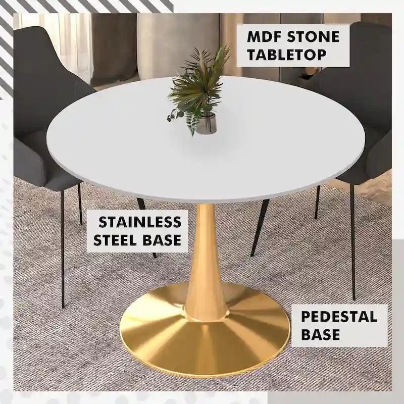 Tavolo da pranzo rotondo Bristol 40 per 4 persone con piano in MDF e base in acciaio dorato per cucina e sala da pranzo